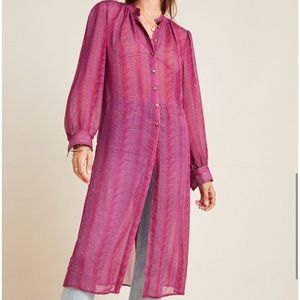 Sheer Button-Front Tunic in Magenta Pink